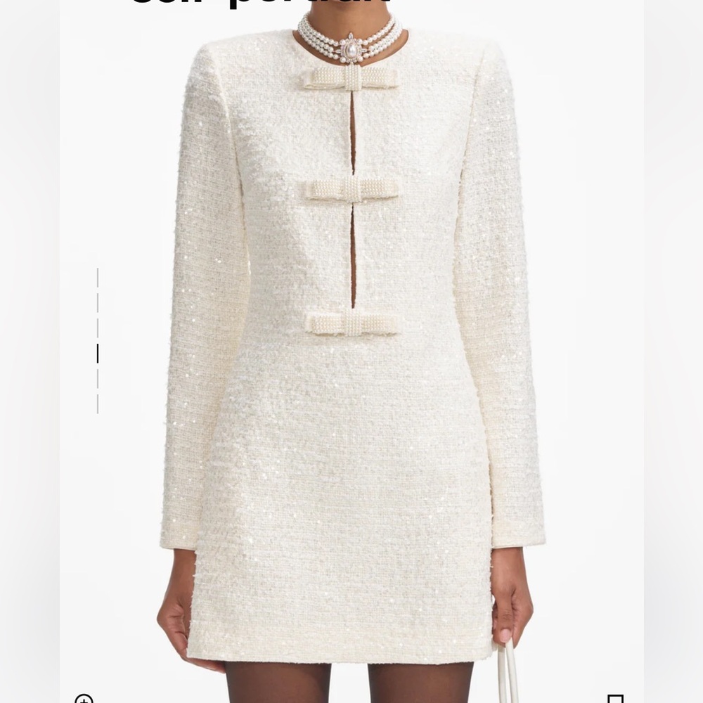 NEW Self Portrait Women Size 2 Cream Boucle Diamante Bow Mini Dress Cream Sequin